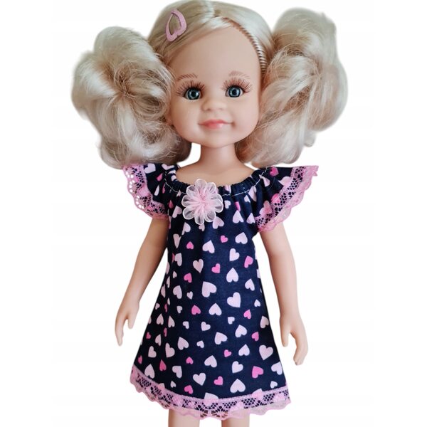 Kleid für Paola Reina 32 cm Puppe mit marineblauen Herzen und Spitzenverzierungen