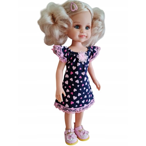 Kleid für Paola Reina 32 cm Puppe mit marineblauen Herzen und Spitzenverzierungen