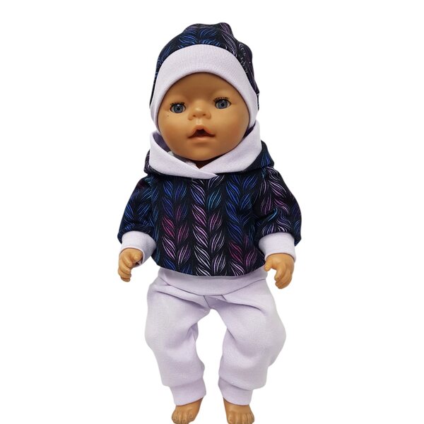 Completo con cappuccio e cappellino per bambola 42-45 cm, viola