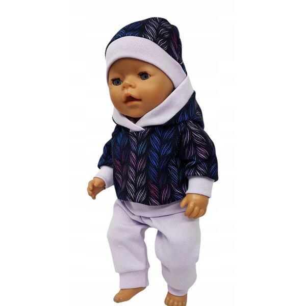 Completo con cappuccio e cappellino per bambola 42-45 cm, viola
