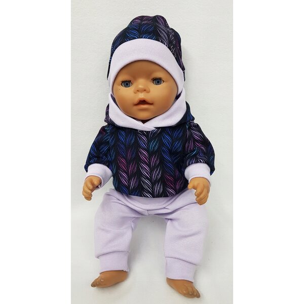 Completo con cappuccio e cappellino per bambola 42-45 cm, viola
