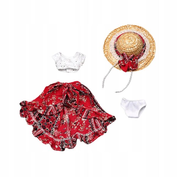1/6 Puppenkleidungsset, rotes Oberteil, Rock, Hut und Höschen