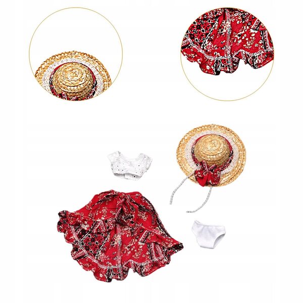 1/6 Puppenkleidungsset, rotes Oberteil, Rock, Hut und Höschen