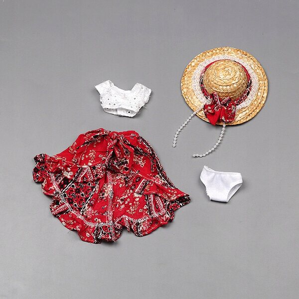 1/6 Puppenkleidungsset, rotes Oberteil, Rock, Hut und Höschen