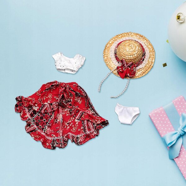 1/6 Puppenkleidungsset, rotes Oberteil, Rock, Hut und Höschen