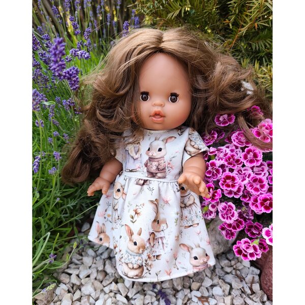 Kleid für 34–38 cm große Puppen aus Baumwolle mit Häschen-Klettverschluss