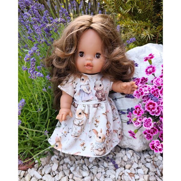 Kleid für 34–38 cm große Puppen aus Baumwolle mit Häschen-Klettverschluss