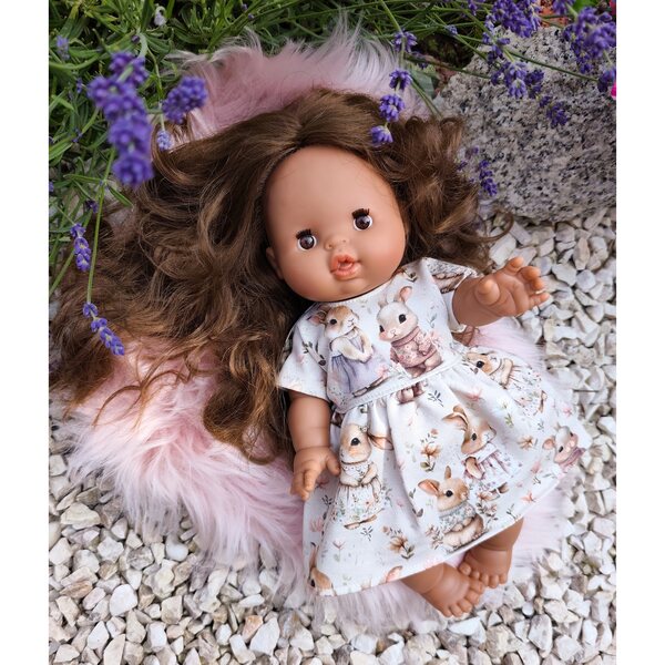 Kleid für 34–38 cm große Puppen aus Baumwolle mit Häschen-Klettverschluss