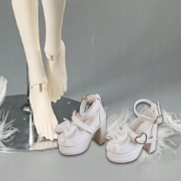 Damenschuhe für 1/4 Puppen mit weißen High Heels und dekorativer Schleife