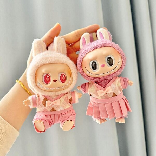 Set 2 capi d'abbigliamento a quadri per bambole 15-17 cm con pantaloni rosa