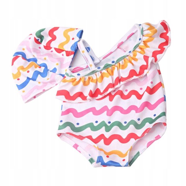 Bikini-Set für 18-Zoll-Puppen mit gestreiftem Badeanzug und Badekappe