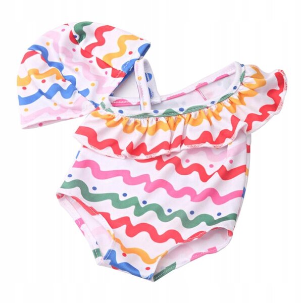 Bikini-Set für 18-Zoll-Puppen mit gestreiftem Badeanzug und Badekappe
