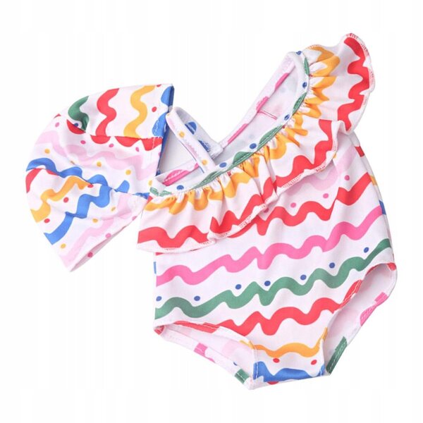 Bikini-Set für 18-Zoll-Puppen mit gestreiftem Badeanzug und Badekappe