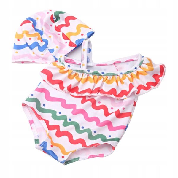 Bikini-Set für 18-Zoll-Puppen mit gestreiftem Badeanzug und Badekappe