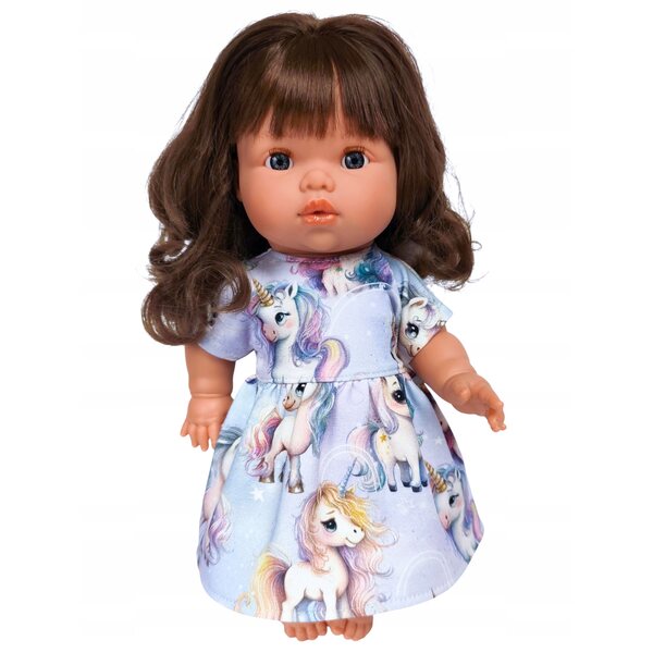 Kleid für 34–38 cm große Puppen mit Einhörnern und lila Schleifen-Stirnband