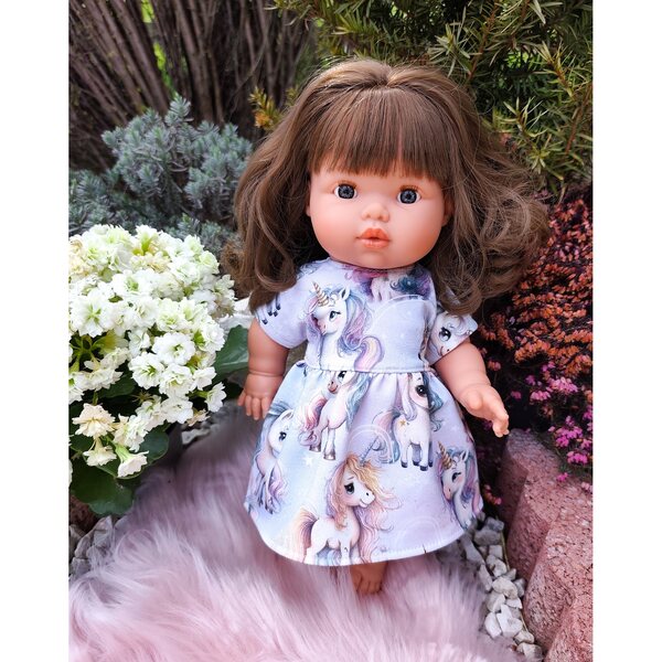 Kleid für 34–38 cm große Puppen mit Einhörnern und lila Schleifen-Stirnband