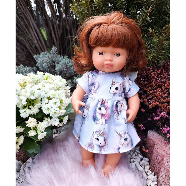 Kleid für 34–38 cm große Puppen mit Einhörnern und lila Schleifen-Stirnband