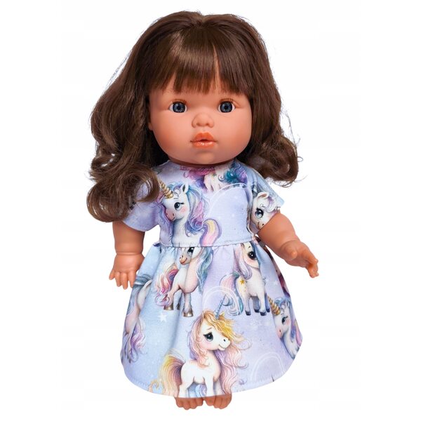 Kleid für 34–38 cm große Puppen mit Einhörnern und lila Schleifen-Stirnband