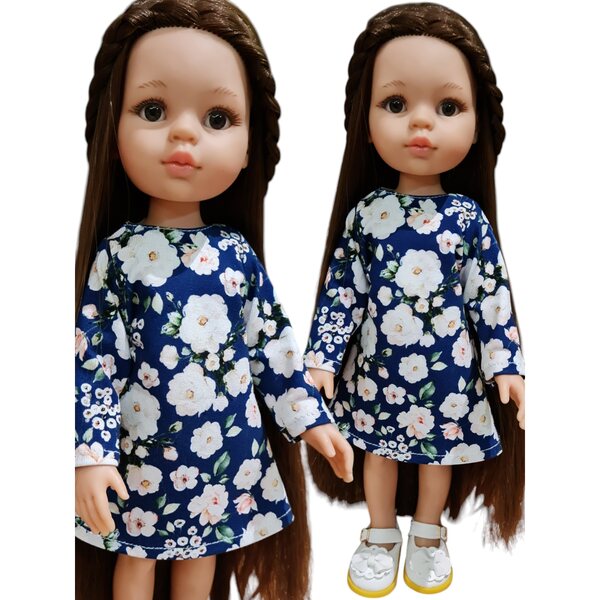 Kleid für Paola Reina Puppe 32 cm – Weiße Rosen auf marineblauer, eleganter Kleidung