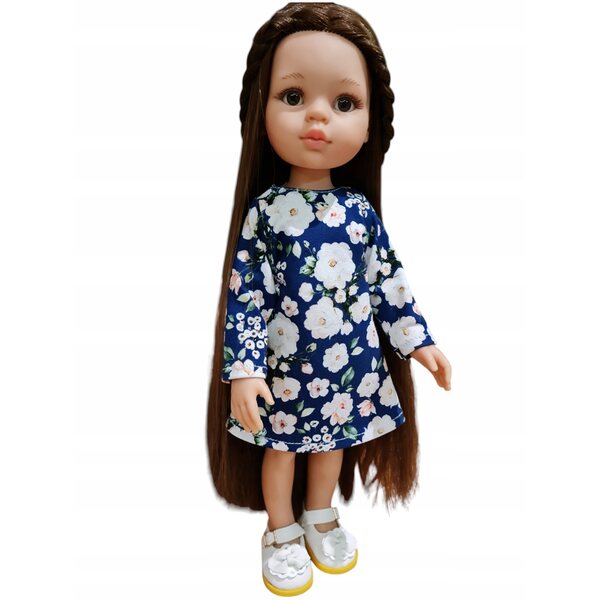 Kleid für Paola Reina Puppe 32 cm – Weiße Rosen auf marineblauer, eleganter Kleidung