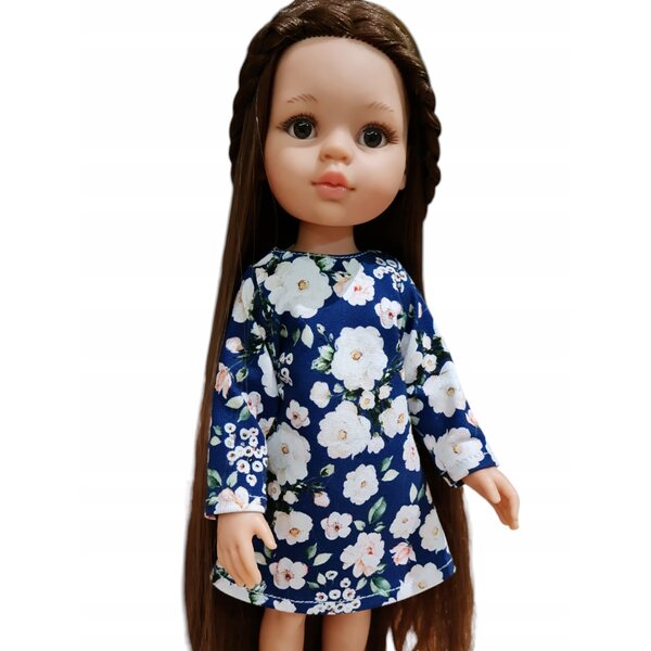 Kleid für Paola Reina Puppe 32 cm – Weiße Rosen auf marineblauer, eleganter Kleidung