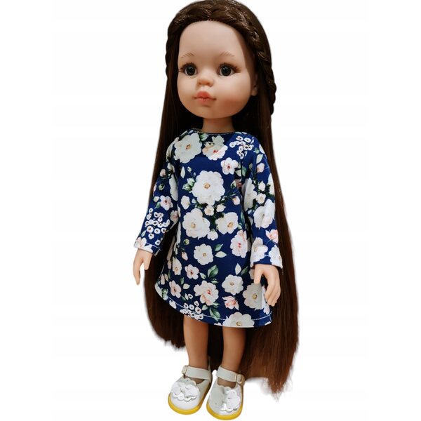 Kleid für Paola Reina Puppe 32 cm – Weiße Rosen auf marineblauer, eleganter Kleidung