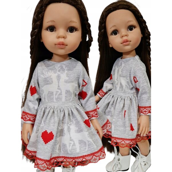 Kleid für Paola Reina 32 cm Puppe mit Rentiermotiv und roter Spitze