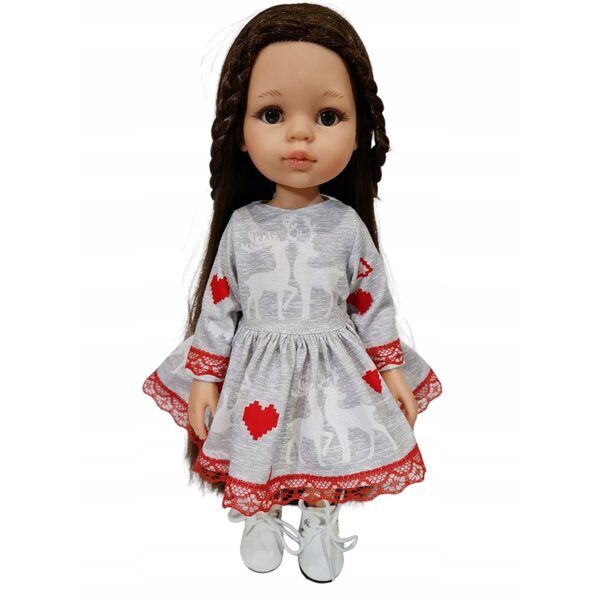 Kleid für Paola Reina 32 cm Puppe mit Rentiermotiv und roter Spitze
