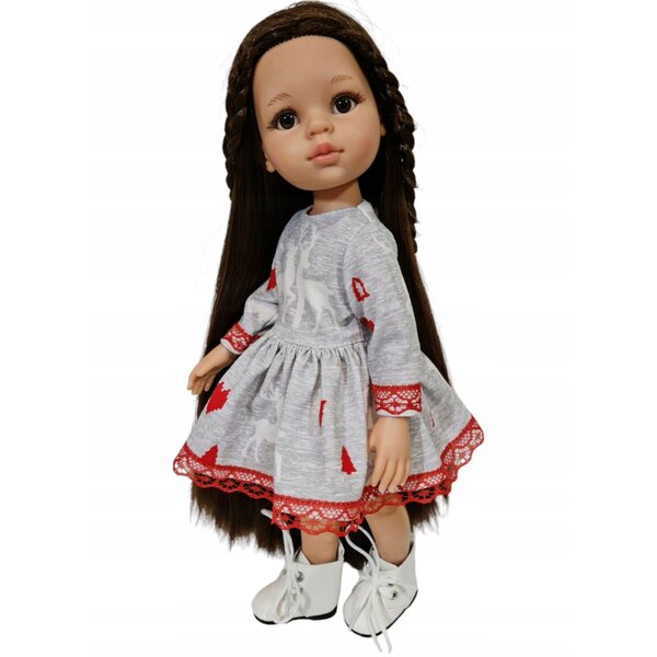 Kleid für Paola Reina 32 cm Puppe mit Rentiermotiv und roter Spitze