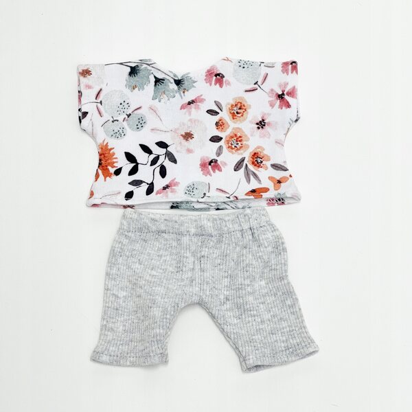 Completo Miniland Baby con bluzza a fiori e pantaloncini grigi per bambole 21 cm
