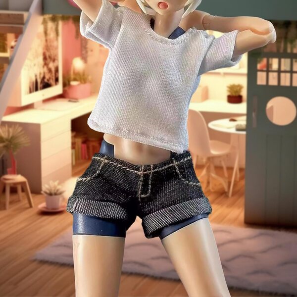 1/12 Lässiges Outfit für Actionfigur mit Stoff-T-Shirt und Jeans-Shorts