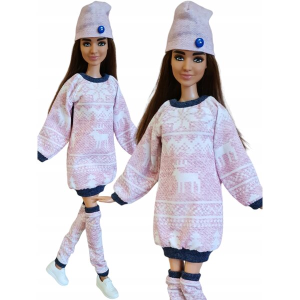 3-teiliges Bekleidungsset für Modellpuppe: Kleid, Leggings und rosa Mütze