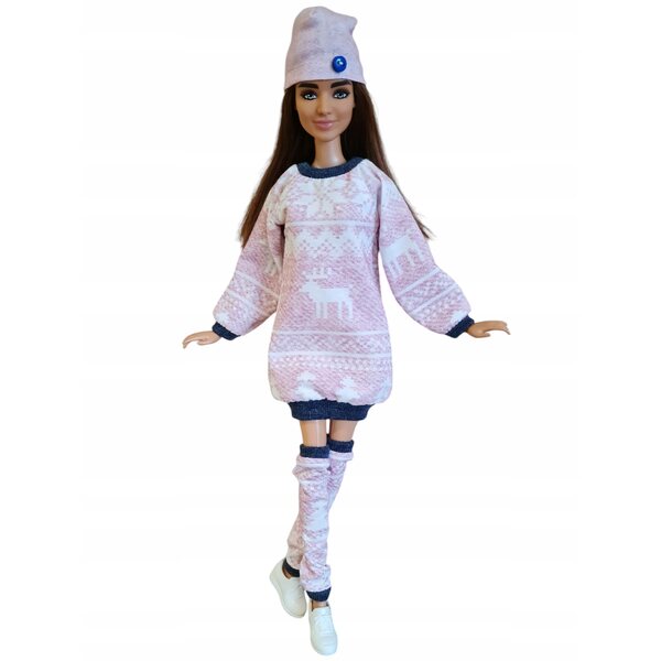 3-teiliges Bekleidungsset für Modellpuppe: Kleid, Leggings und rosa Mütze