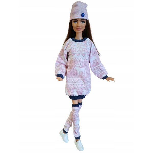 3-teiliges Bekleidungsset für Modellpuppe: Kleid, Leggings und rosa Mütze