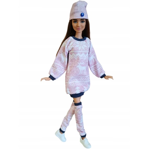 3-teiliges Bekleidungsset für Modellpuppe: Kleid, Leggings und rosa Mütze