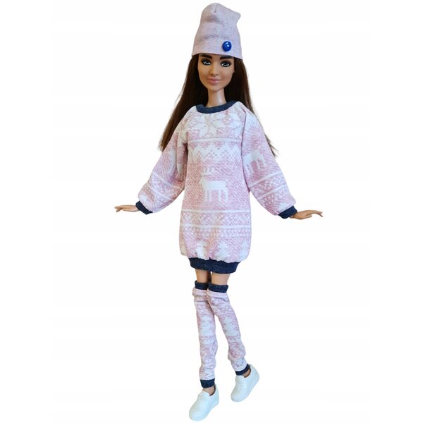 3-teiliges Bekleidungsset für Modellpuppe: Kleid, Leggings und rosa Mütze