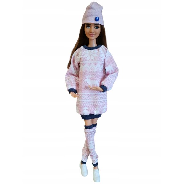 3-teiliges Bekleidungsset für Modellpuppe: Kleid, Leggings und rosa Mütze