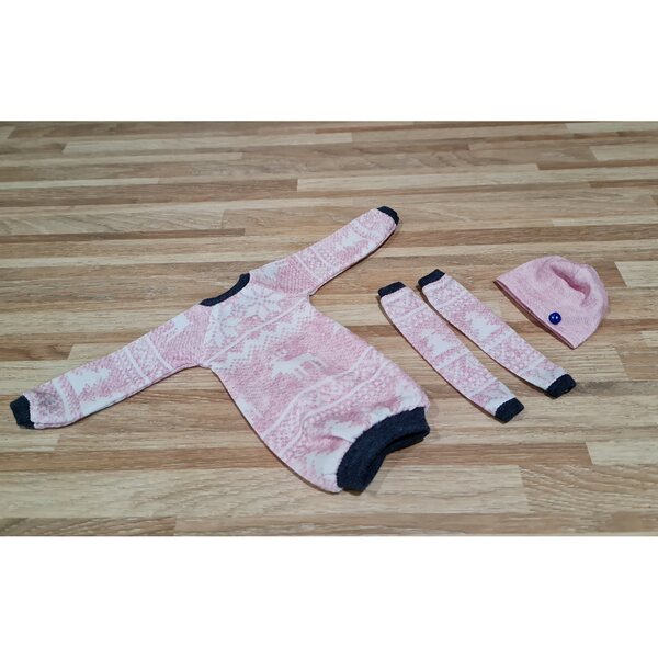 3-teiliges Bekleidungsset für Modellpuppe: Kleid, Leggings und rosa Mütze