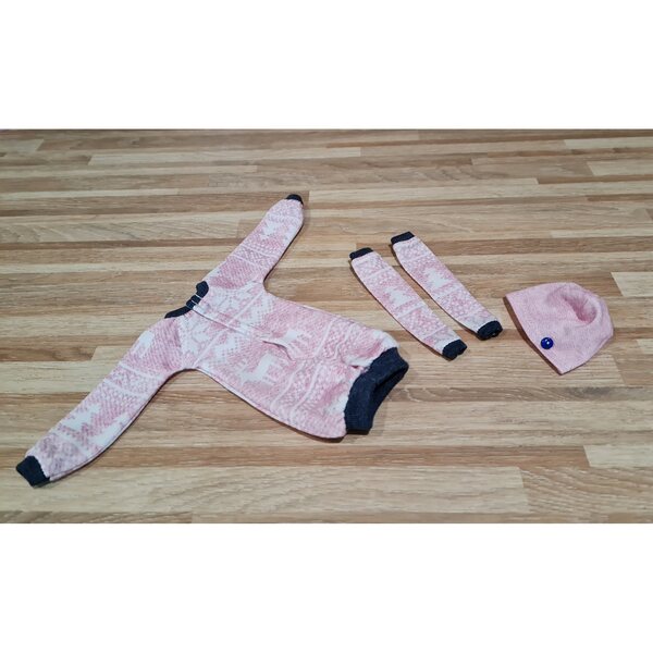 3-teiliges Bekleidungsset für Modellpuppe: Kleid, Leggings und rosa Mütze