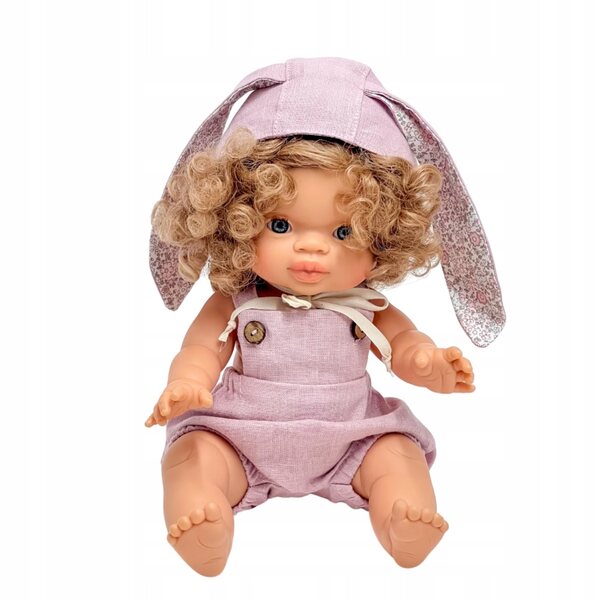 Rosa Leinen-Kleidungsset mit Hasenohren für Miniland 38 cm Puppen