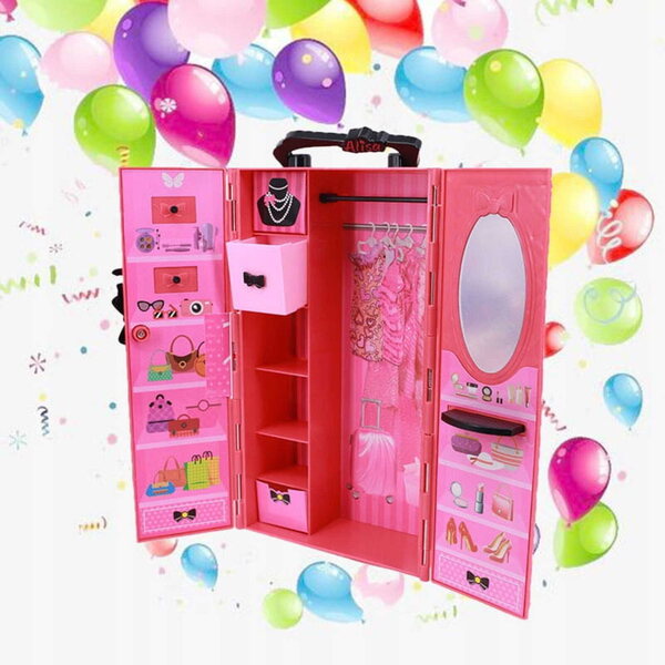 Set abiti e accessori per bambole con guardaroba pieghevole e dettagli curati