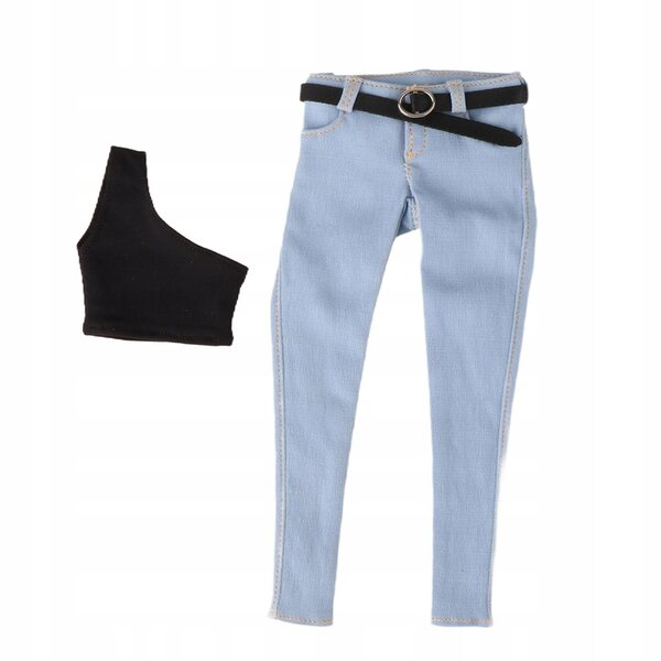 1/6 Damenbekleidungsset Jeans mit Gürtel und hellblauer Weste für 12-Zoll-Puppen