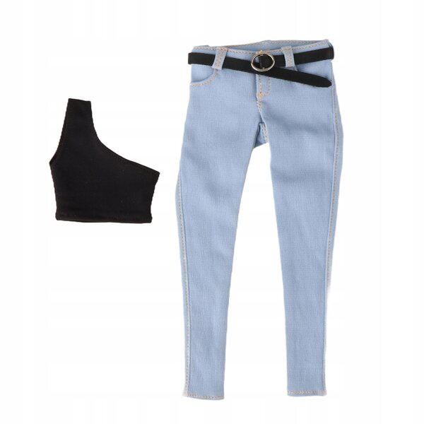 1/6 Damenbekleidungsset Jeans mit Gürtel und hellblauer Weste für 12-Zoll-Puppen