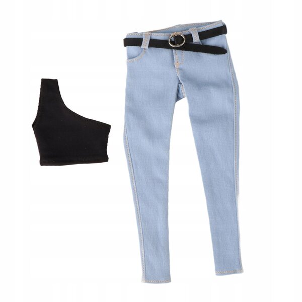 1/6 Damenbekleidungsset Jeans mit Gürtel und hellblauer Weste für 12-Zoll-Puppen