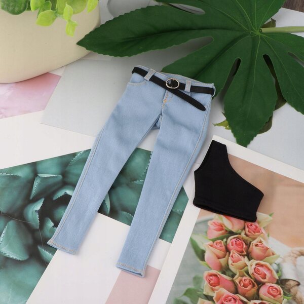 1/6 Damenbekleidungsset Jeans mit Gürtel und hellblauer Weste für 12-Zoll-Puppen
