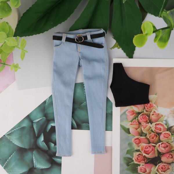 1/6 Damenbekleidungsset Jeans mit Gürtel und hellblauer Weste für 12-Zoll-Puppen