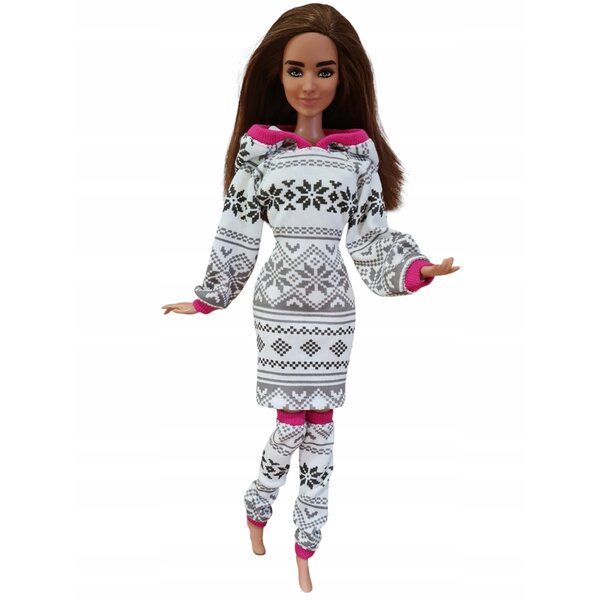 Completo abbigliamento per bambola: vestito con cappuccio e leggings in tessuto scandinavo