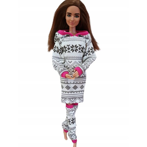 Completo abbigliamento per bambola: vestito con cappuccio e leggings in tessuto scandinavo