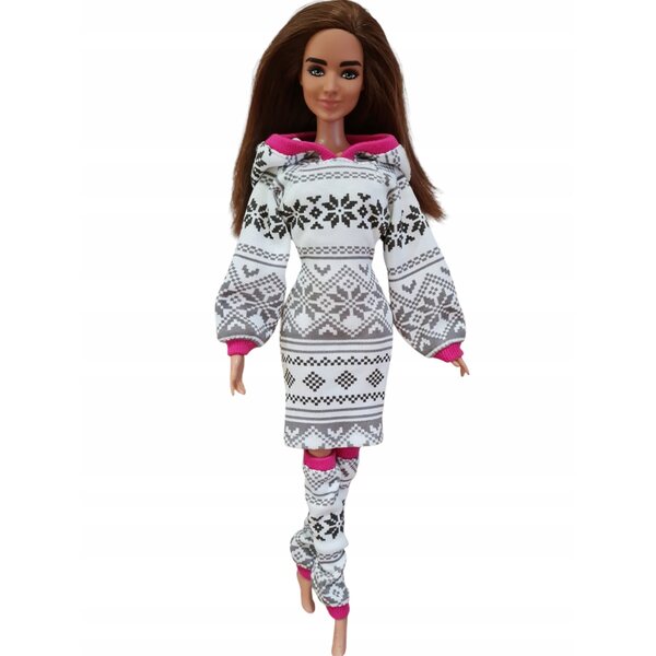 Completo abbigliamento per bambola: vestito con cappuccio e leggings in tessuto scandinavo