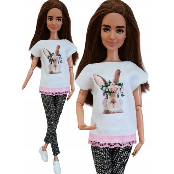 Bluzka mit Spitze für Modellpuppe, elegante weiße Bluse mit Hasenaufdruck